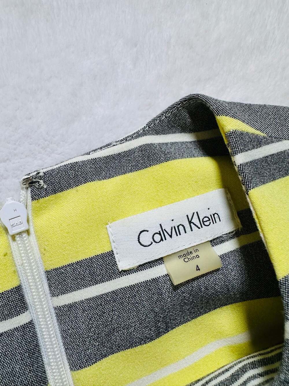 Calvin Klein Sleeveless Yellow and Gray Striped Pleated Fit and Flare Dress - Picture 2 of 4